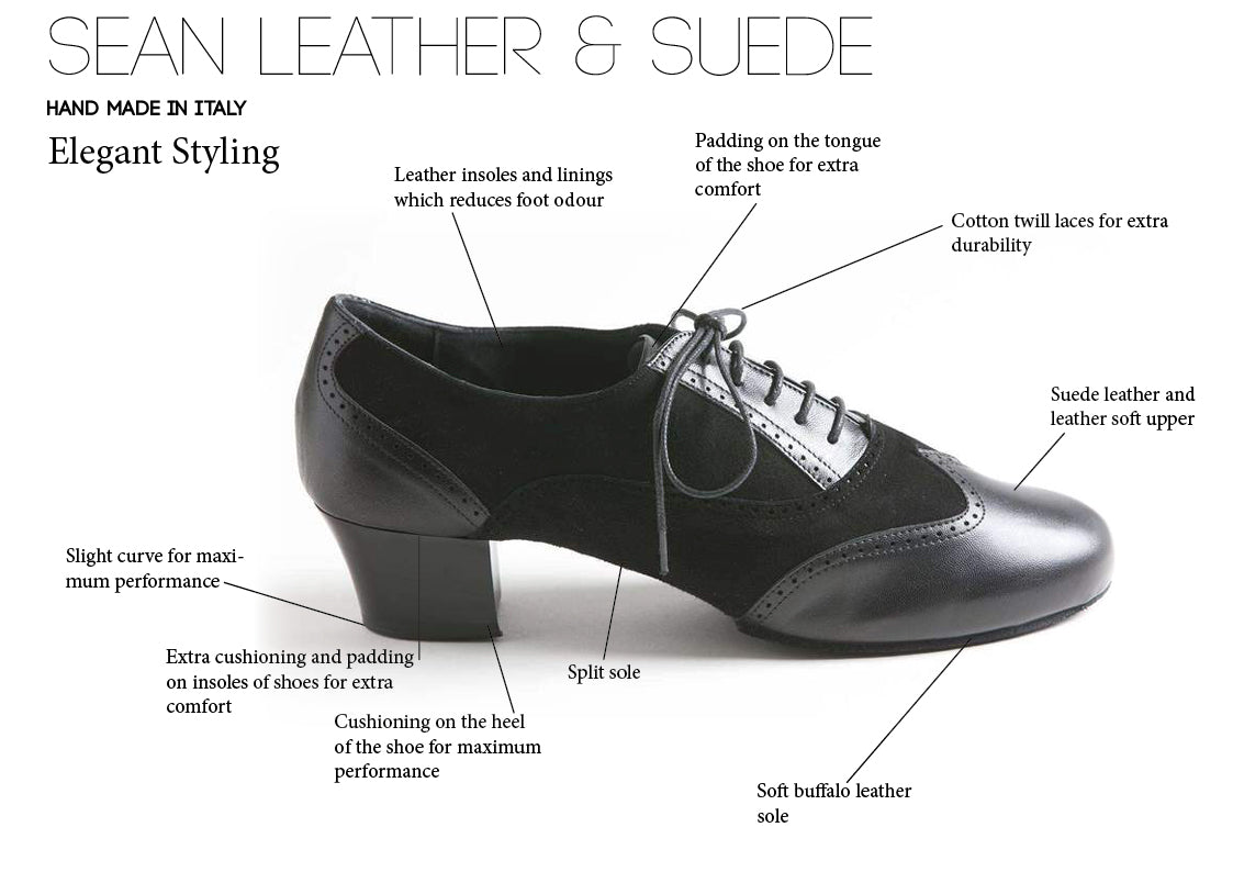 Detailed diagram of composition of Sean Men's Latin Dance Shoes in leather and suede